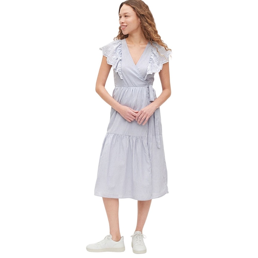 GAP Women's Striped Lace Midi Wrap Dress Tie Waist Flutter Sleeve Blue Size M